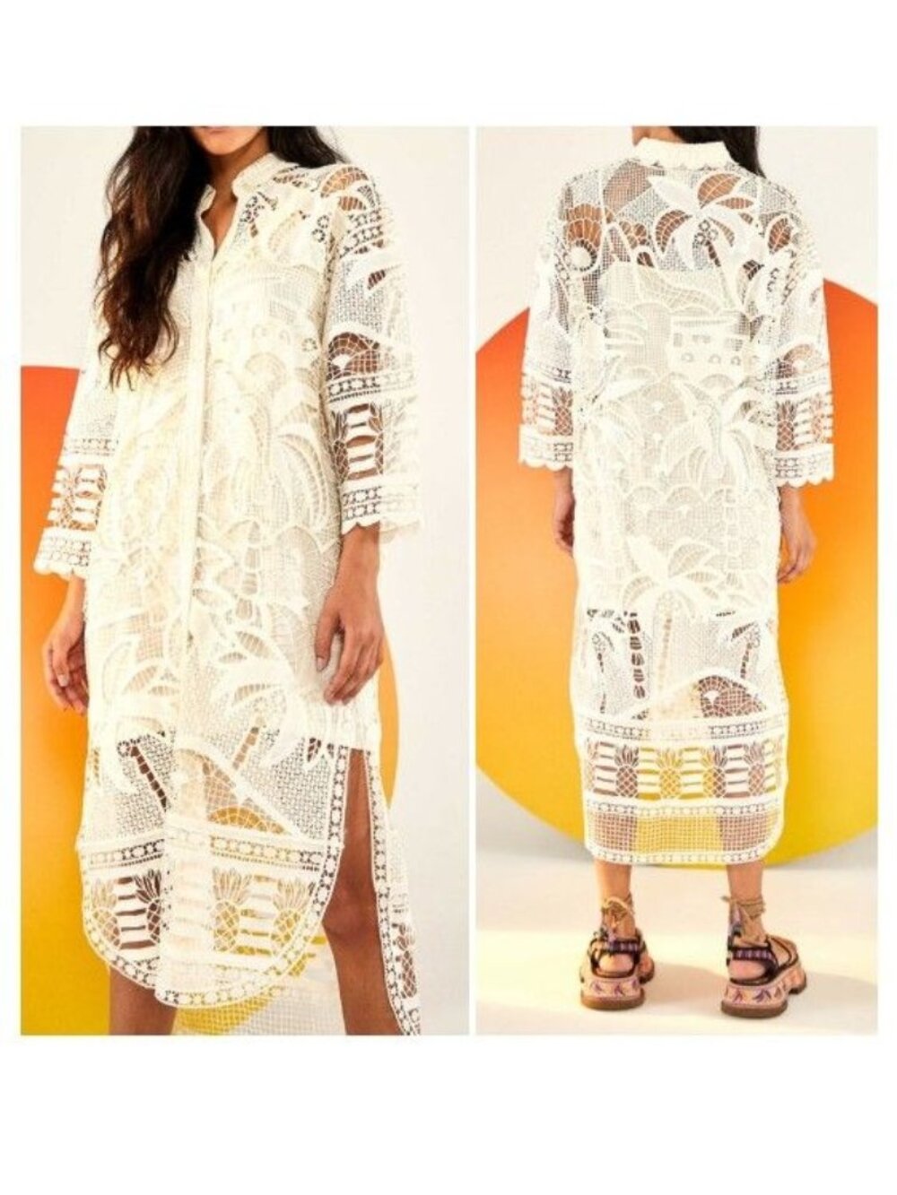 Farm Rio Guipure Lace High Low Shirt Dress in Off White Size Small NEW!